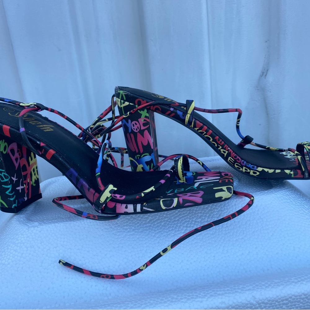 Multicolor Graffiti Print Strappy Block Heel Sandals - Women